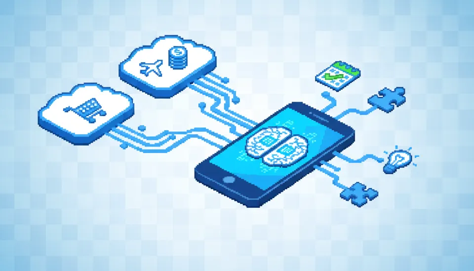 쇼핑, 여행, 금융 등 다양한 클라우드 데이터가 중앙 AI 두뇌 칩이 장착된 스마트폰으로 통합되어 흐르는 인포그래픽 일러스트