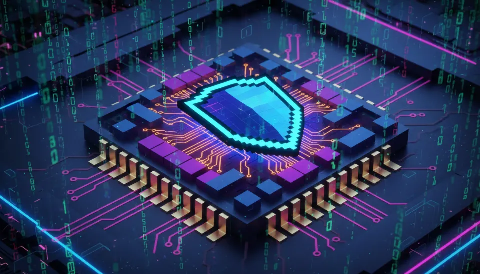 보안 방패 아이콘이 겹쳐져 빛나고 있는 스마트폰 프로세서 칩의 클로즈업 이미지로 온디바이스 AI의 보안성을 상징