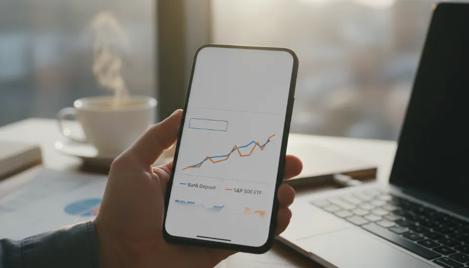 스마트폰 화면에 은행 예금의 평평한 수익률 그래프와 우상향하는 S&P 500 ETF 수익률 그래프가 대비되어 나타난 모습