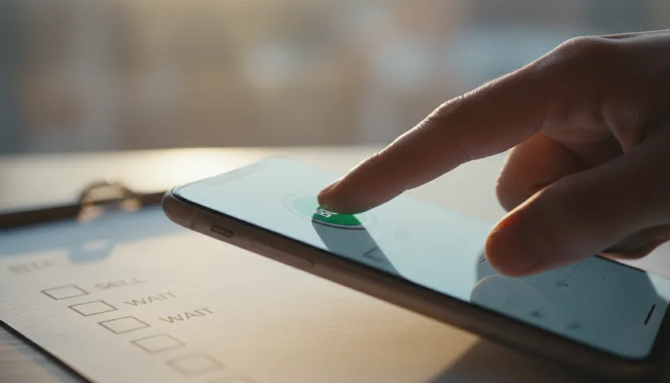 모바일 뱅킹 앱 화면에서 매수 버튼을 누르려는 손가락과 배경에 흐릿하게 보이는 매도 및 체결 대기 체크리스트