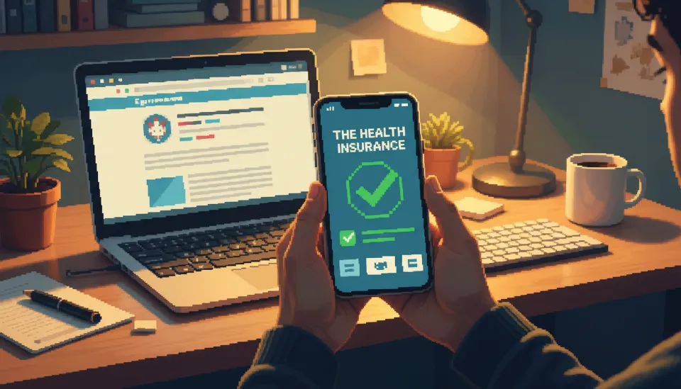 스마트폰으로 The건강보험 앱을 통해 임의계속가입 신청을 성공적으로 마친 화면과 배경의 노트북 공단 홈페이지 모습