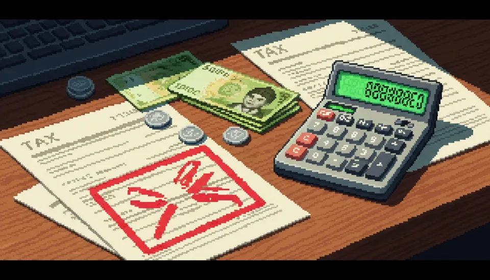 나무 책상 위에 놓인 계산기와 세금 관련 서류, 그리고 한국 원화 지폐가 흩어져 있는 모습으로 노란우산공제 해지 시 발생할 수 있는 금전적 손실 위험을 시각적으로 묘사