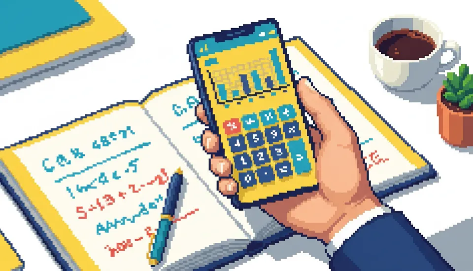 스마트폰 계산기 앱을 두드리며 노트에 노란우산공제 환급금 공식을 메모하고 있는 개인사업자의 손과 계산 과정 클로즈업