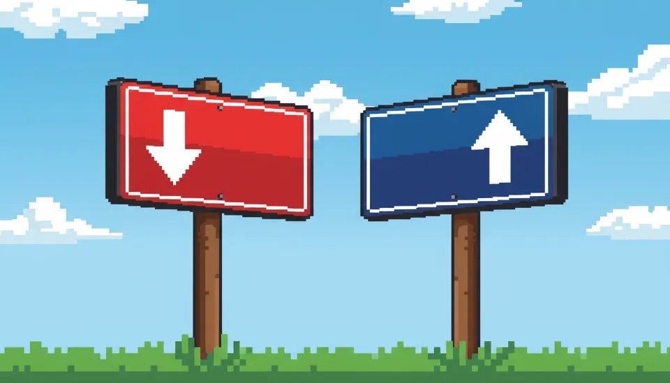 파란 하늘을 배경으로 서로 다른 방향을 가리키는 두 개의 표지판, 하나는 빨간색으로 해지로 인한 손실을, 다른 하나는 파란색으로 대출을 통한 안전한 자금 운용을 상징하는 이미지