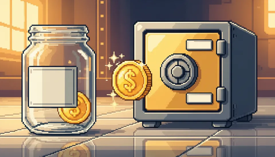 ISA라고 적힌 유리병에서 연금 계좌라고 적힌 금고로 황금 동전이 굴러들어가며 자산이 안전하게 이동하는 모습을 표현한 3D 일러스트