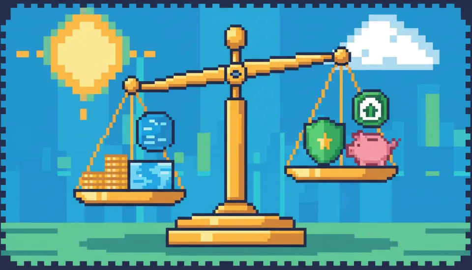 유동성과 세제 혜택이 완벽하게 균형을 이루고 있는 천칭 저울을 묘사하여 세액공제 미적용 원금의 자유로운 인출 가능성을 표현한 이미지