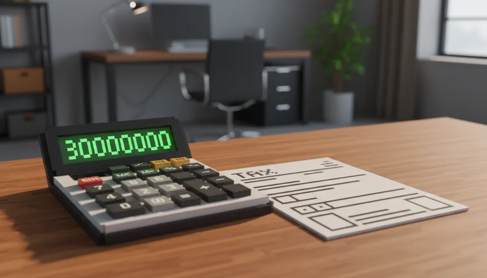 계산기 화면에 선명하게 표시된 녹색 300만 원 숫자와 그 옆에 놓인 세금 신고서가 책상 위에 배치되어 추가 세액공제 혜택을 강조하는 모습
