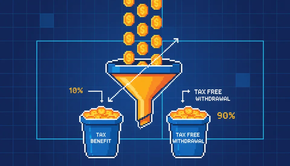 동전이 깔때기를 통과하여 세액공제 혜택 바구니와 비과세 인출 가능 바구니로 나뉘어 담기는 인포그래픽으로 자금의 효율적 배분을 설명하는 이미지