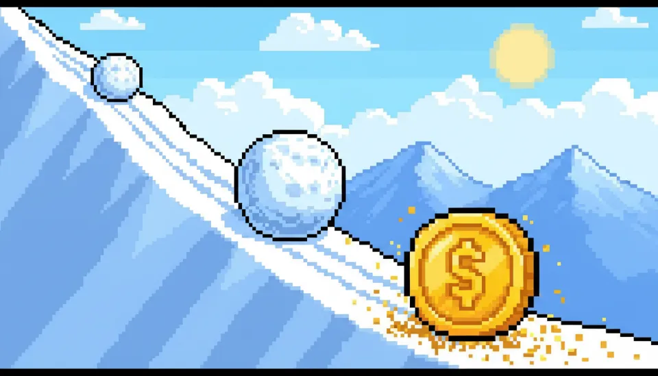 작은 눈덩이가 눈 덮인 언덕을 굴러내려오며 점점 커져 거대한 황금 동전으로 변하는 모습을 3D로 표현하여 복리 효과와 자산 증식을 상징하는 이미지