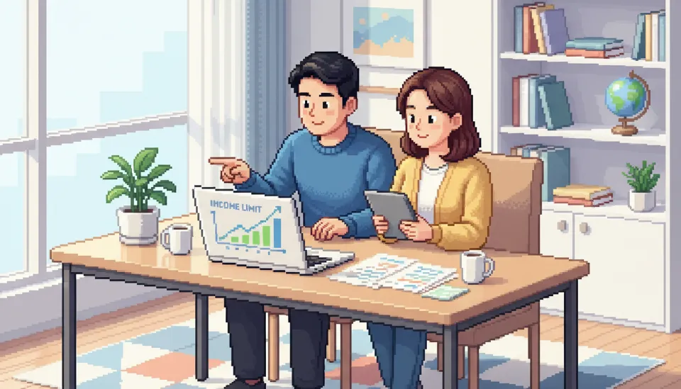 2026년 상향된 부부 합산 소득 기준 그래프를 노트북으로 확인하며 안도하는 한국인 맞벌이 부부의 모습