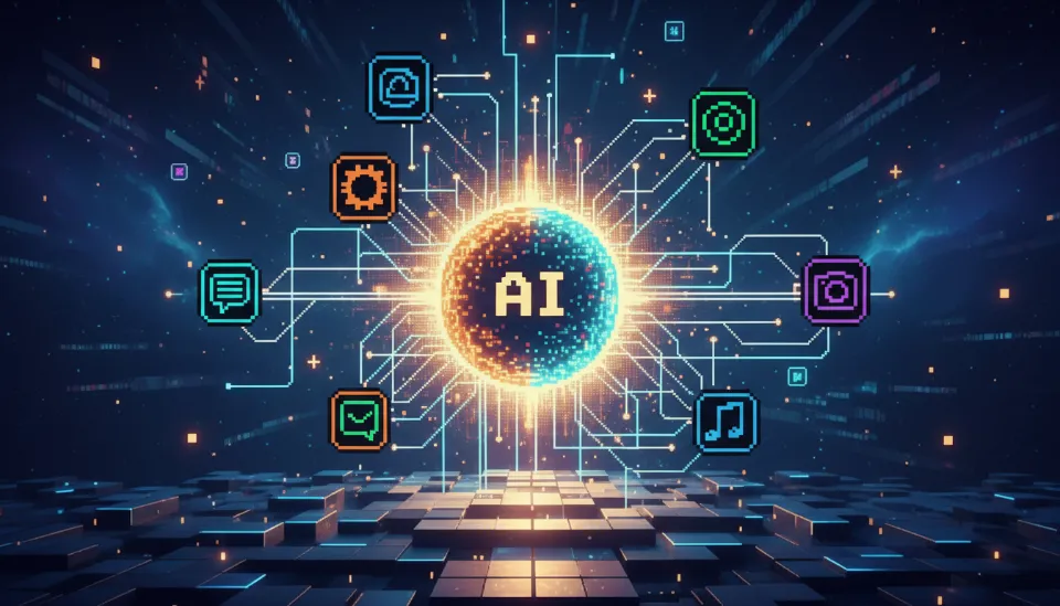 다양한 스마트폰 애플리케이션 아이콘들이 중앙의 빛나는 인공지능 코어로 연결되는 모습을 통해 AI 에이전트 표준화와 데이터 통합을 시각적으로 표현한 이미지