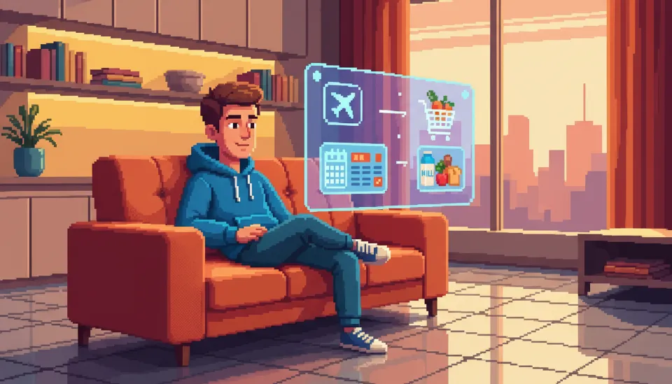 거실 소파에 앉아 있는 사용자 앞에 떠 있는 홀로그램 인터페이스가 AI 자율 비서에 의해 완성된 여행 일정과 장보기 목록을 보여주는 미래지향적 생활 모습