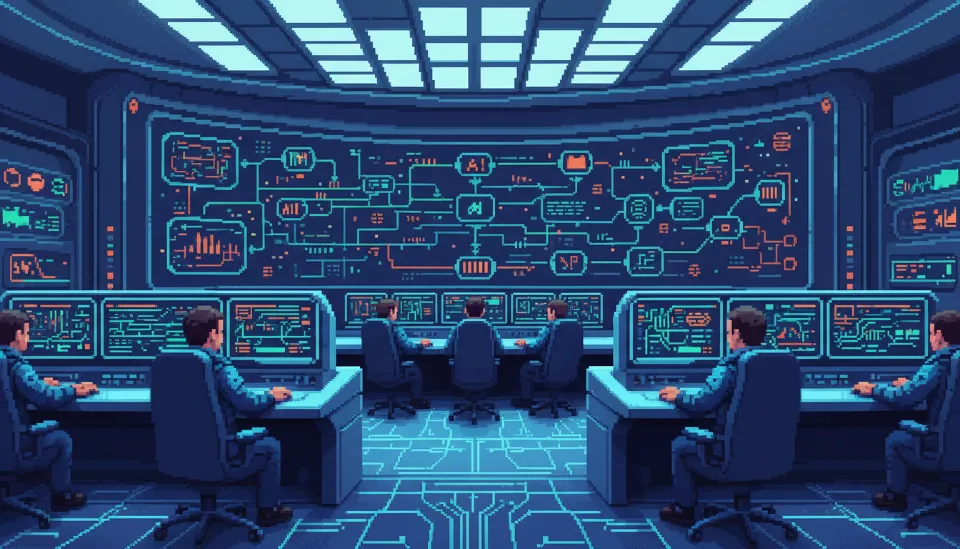 기술 엔지니어들이 대형 화면을 통해 여러 AI 플랫폼 간의 데이터 흐름과 보안 상태를 모니터링하며 AI 에이전트 표준 대응 전략을 구상하는 전문적인 환경