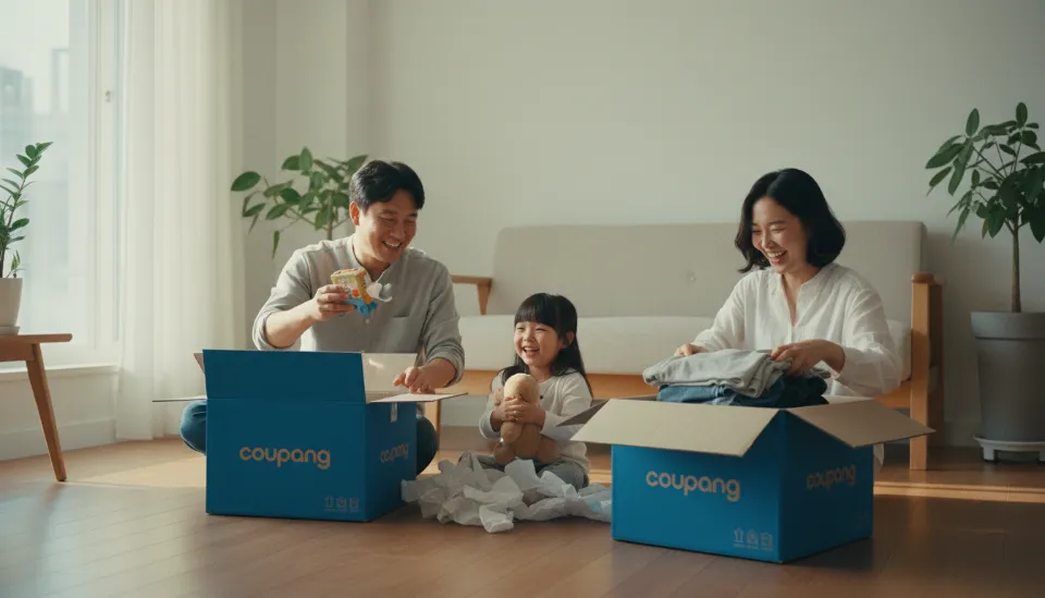 햇살이 비치는 거실에서 로켓배송 박스를 언박싱하며 환하게 웃고 있는 가족과 쿠팡 멤버십 혜택을 상징하는 다양한 상품들