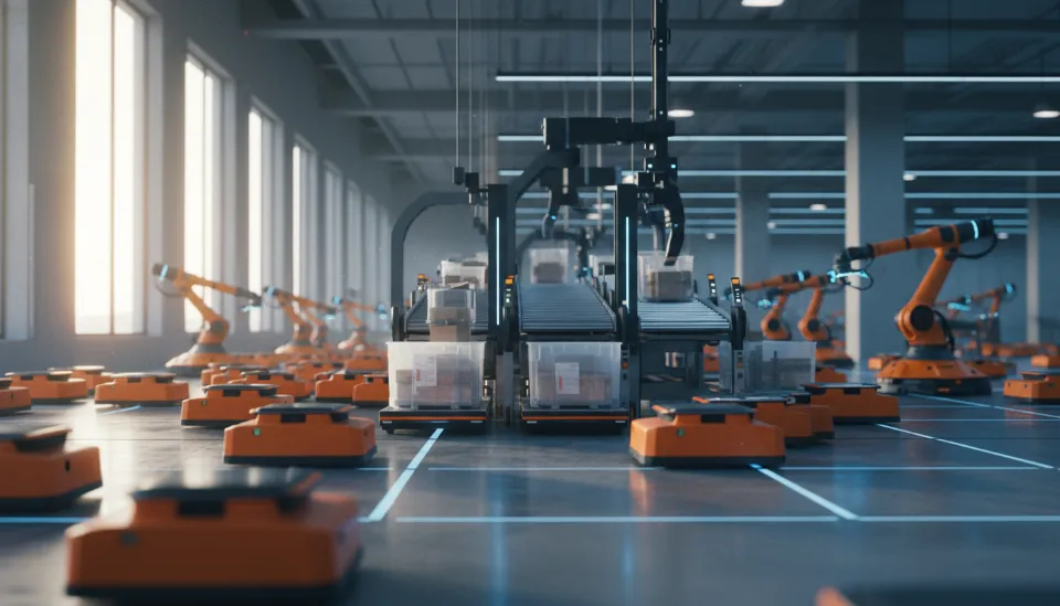 인공지능과 자동화 로봇이 분주하게 움직이며 주문 물량을 처리하는 첨단 쿠팡 물류 센터의 내부 전경