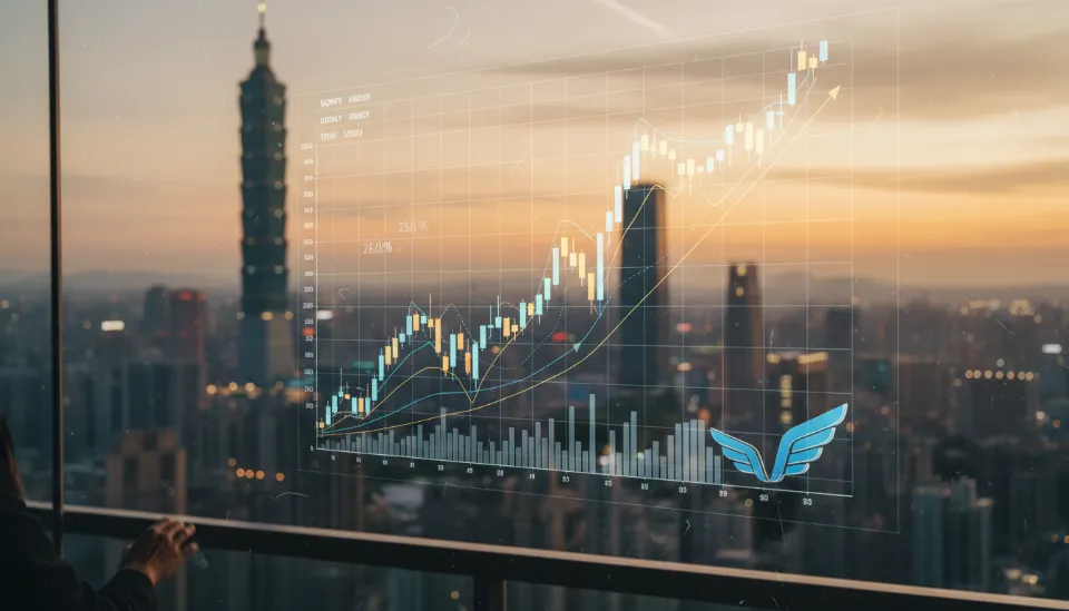 글로벌 시장으로 뻗어 나가는 쿠팡의 성장을 상징하는 상승 곡선 차트와 현대적인 도시 빌딩 숲의 배경