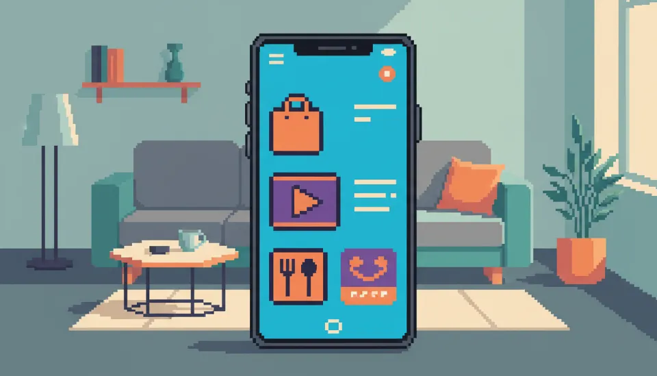 현대적인 거실 배경에서 스마트폰 화면 속에 구현된 쿠팡 와우 멤버십의 쇼핑, 쿠팡플레이, 쿠팡이츠 통합 혜택 아이콘이 빛나는 모습