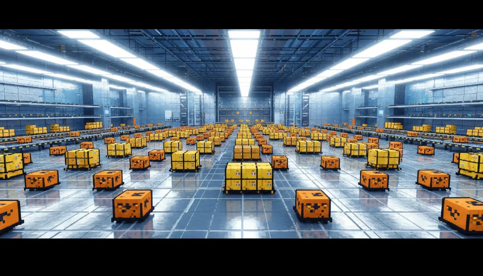 수많은 자율 주행 로봇들이 노란색 선반을 실어 나르며 정밀하게 움직이는 쿠팡의 최첨단 자동화 물류 센터 내부 전경