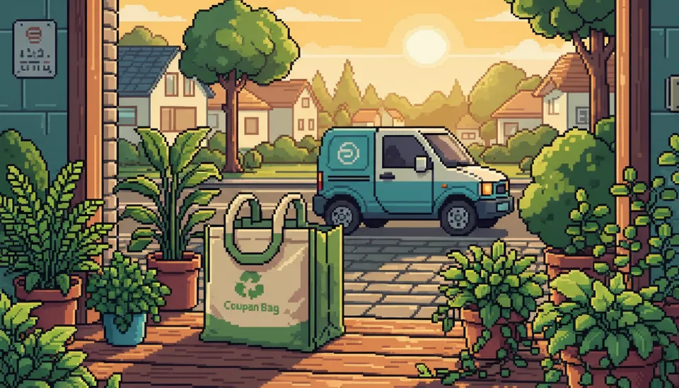 친환경 식물로 둘러싸인 현관 앞에 놓인 쿠팡 프레시백과 배경에 보이는 친환경 전기 배송 트럭의 조화로운 모습